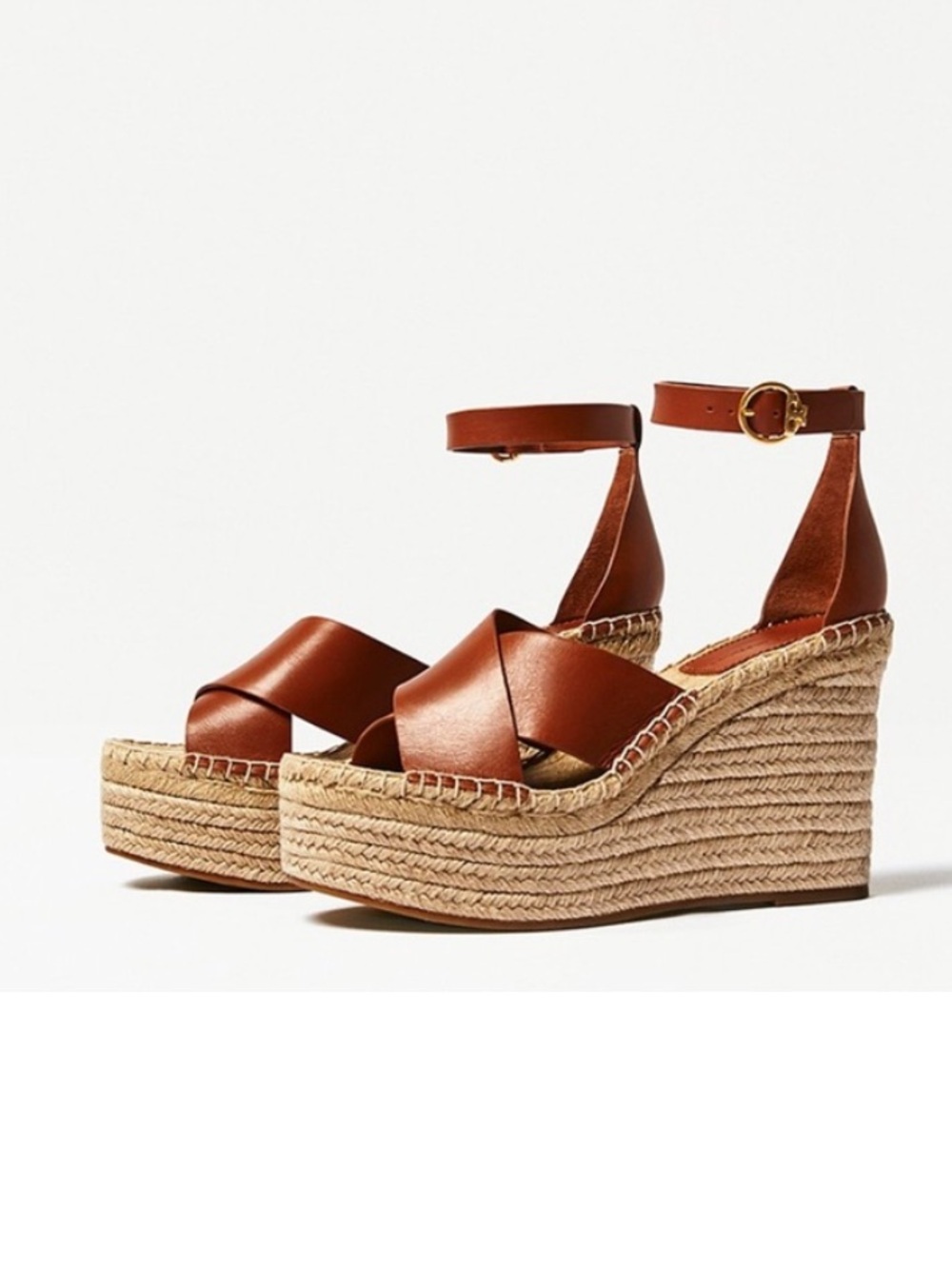 Tory Burch Cognac Leather Selby Espadrille Wedge Sandals with Ankle Strap